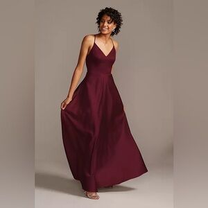 David’s Bridal Dress, F20131 Wine Dress with V Neck Spaghetti With Full Skirt